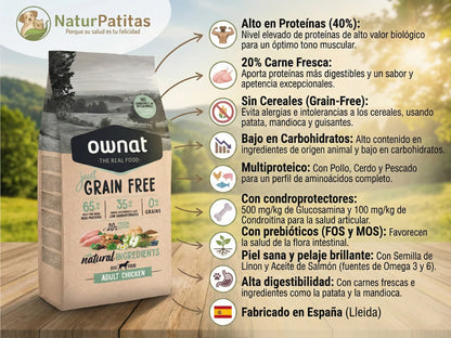 Pienso completo seco Ownat Just Grain Free Adult Chicken con alto contenido en proteínas para perros adultos