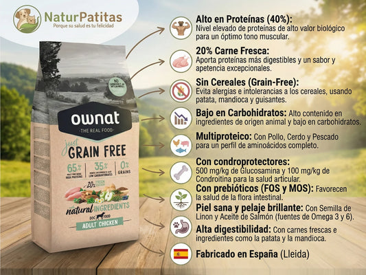 Pienso completo seco Ownat Just Grain Free Adult Chicken con alto contenido en proteínas para perros adultos