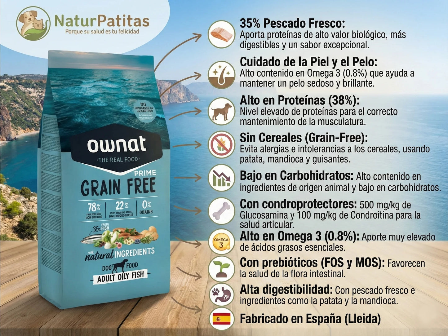 Pienso completo seco Ownat Prime Grain Free Adult Only Fish con alto contenido en proteínas para perros adultos