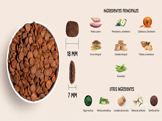 Infografía de OWNAT para comida de mascotas. A la izquierda, un tazón blanco lleno de croquetas marrones. En el centro, dos vistas de croquetas calibradas con medidas: 18 MM de diámetro frontal y 7 MM de grosor lateral. A la derecha, dos secciones de ingredientes con ilustraciones. Sección superior: 'INGREDIENTES PRINCIPALES' (Pollo y pavo, Manzanas y arándanos, Calabaza y Zanahoria, Arroz integral, Cebada integral, Patata y mandioca, Guisantes). Sección inferior: 'OTROS INGREDIENTES' (Algas marinas, Hierba