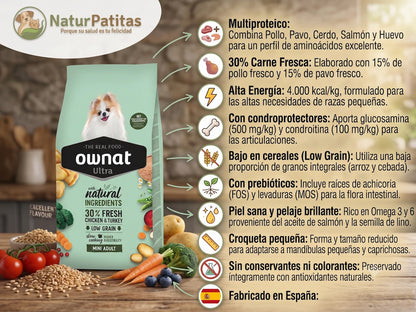 Infografía en NaturPatitas del pienso para perros Ownat Ultra Mini Adult. Detalla sus beneficios para razas pequeñas: receta con 30% de carne fresca, croqueta pequeña adaptada, bajo en cereales, condroprotectores articulares y sin conservantes artificiales.