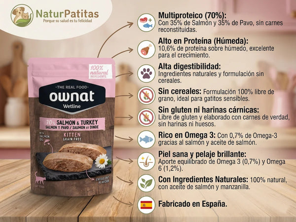 Paté Completo de Salmón y Pavo SIN CEREALES + PIEL y PELO AVANZADO y DIGESTIÓN SUAVE para Gato Gatito