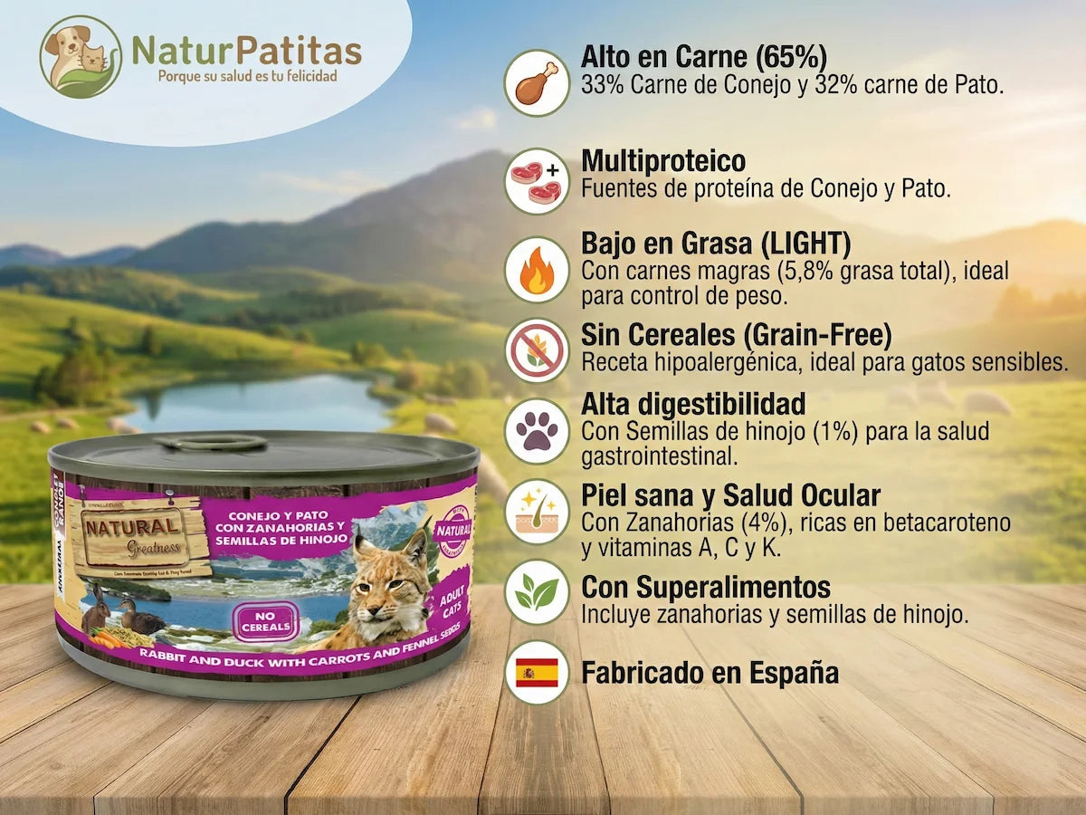 Paté natural de Conejo y Pato para Gato baja en grasa y sin cereales
