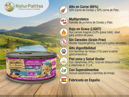 Paté natural de Conejo y Pato para Gato baja en grasa y sin cereales
