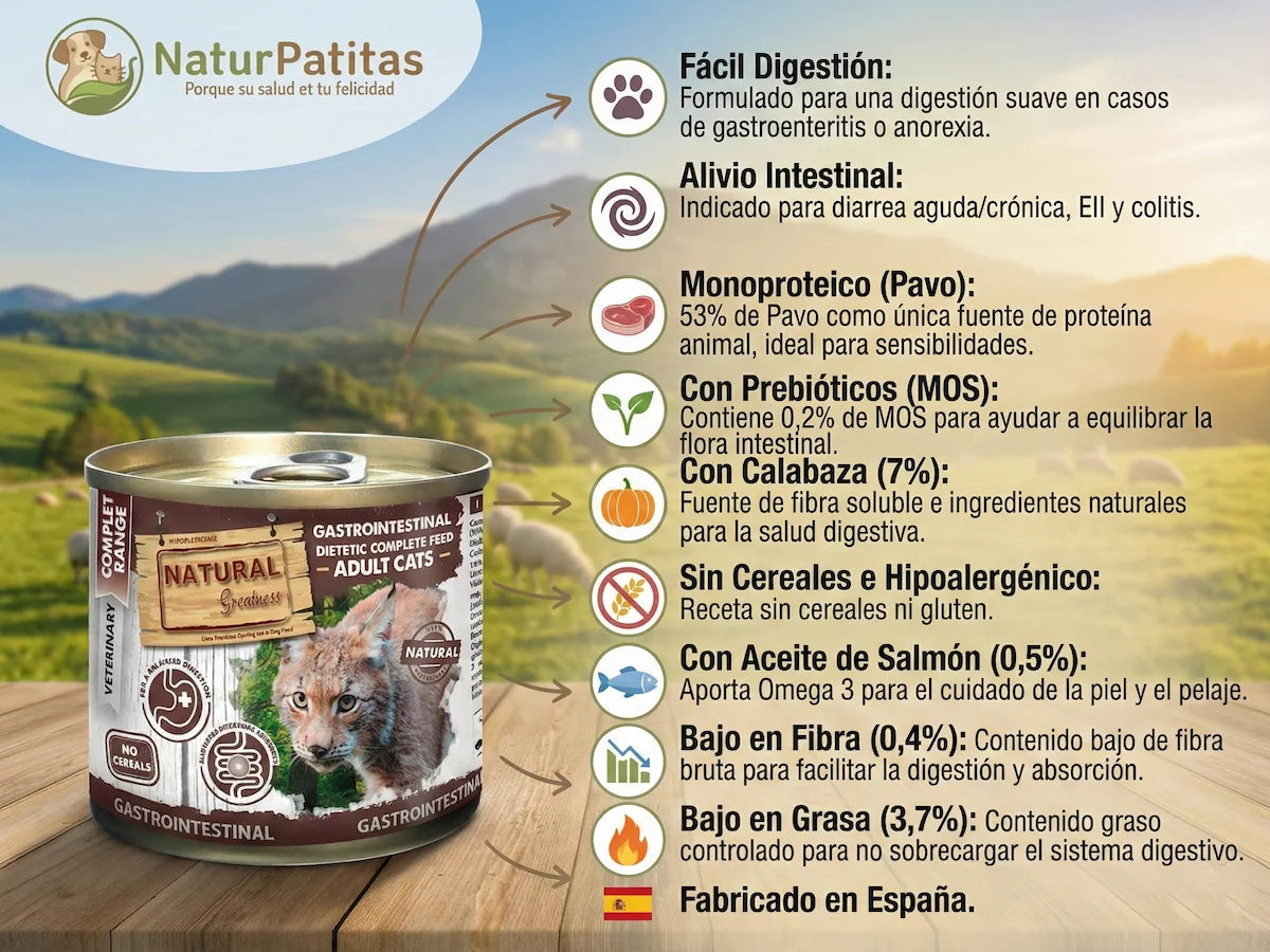 Paté veterinario gastrointestinal con 53% Pavo monoproteico para Gato con digestión sensible