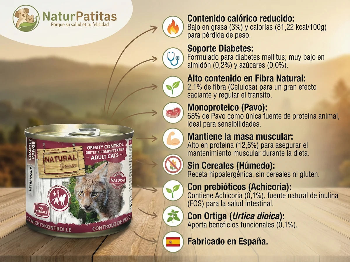Paté veterinario para gato con obesidad y diabetes de 68% Pavo monoproteico
