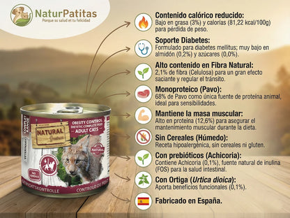 Paté veterinario para gato con obesidad y diabetes de 68% Pavo monoproteico