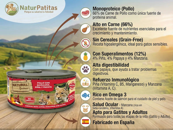 Paté Completo de Pollo SIN CEREALES + DIGESTIÓN SUAVE y ANTIOXIDANTES NATURALES para Gato Gatito/Adulto/Senior (también Esterilizado)