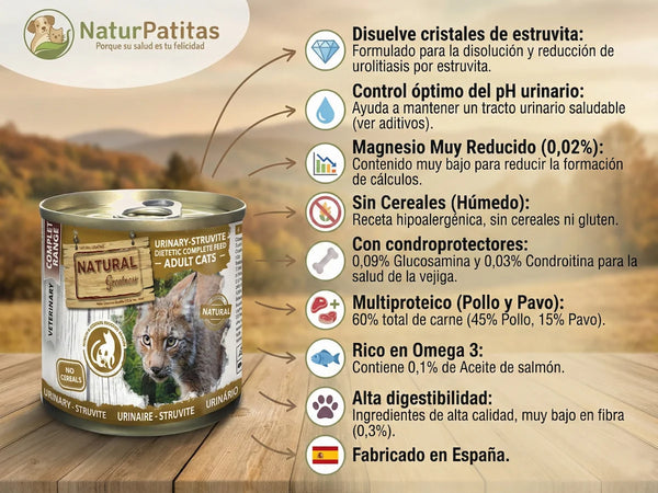 Paté VETERINARIO SIN CEREALES + DISOLUCIÓN DE ESTRUVITA y CONTROL DEL PH URINARIO para Gato Adulto/Senior (también Esterilizado)