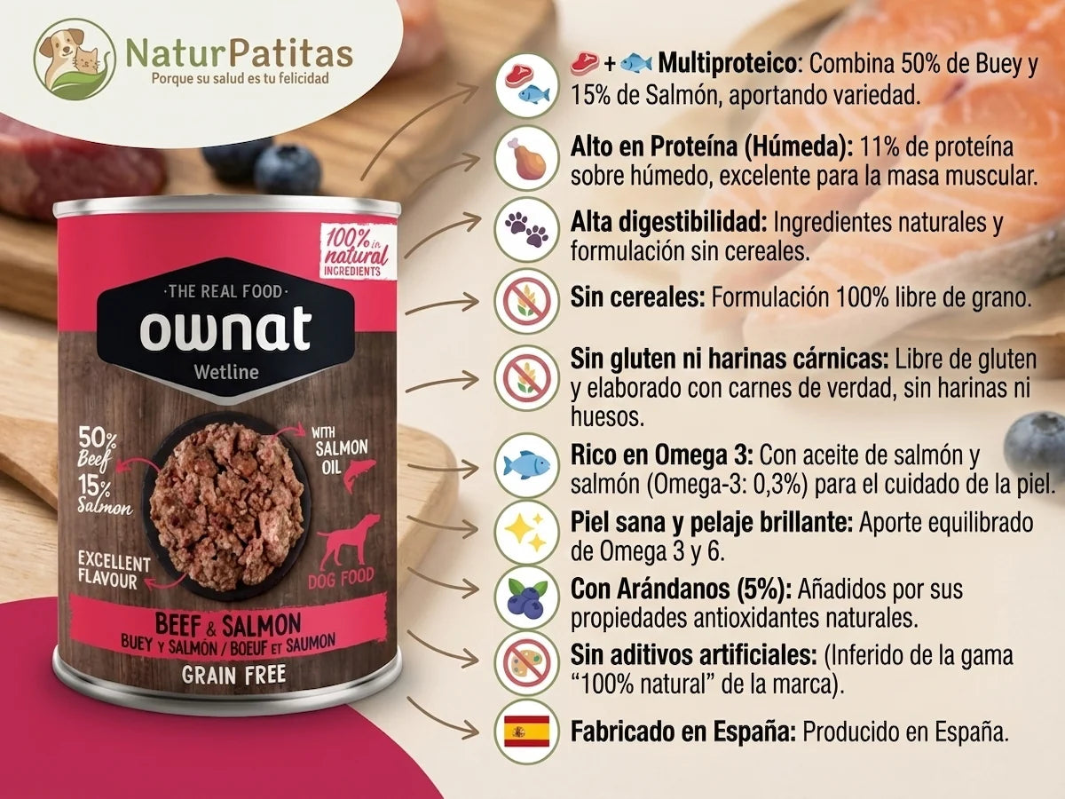 Paté completo de Buey y Salmón con Arándanos para Perro rico en Omega 3