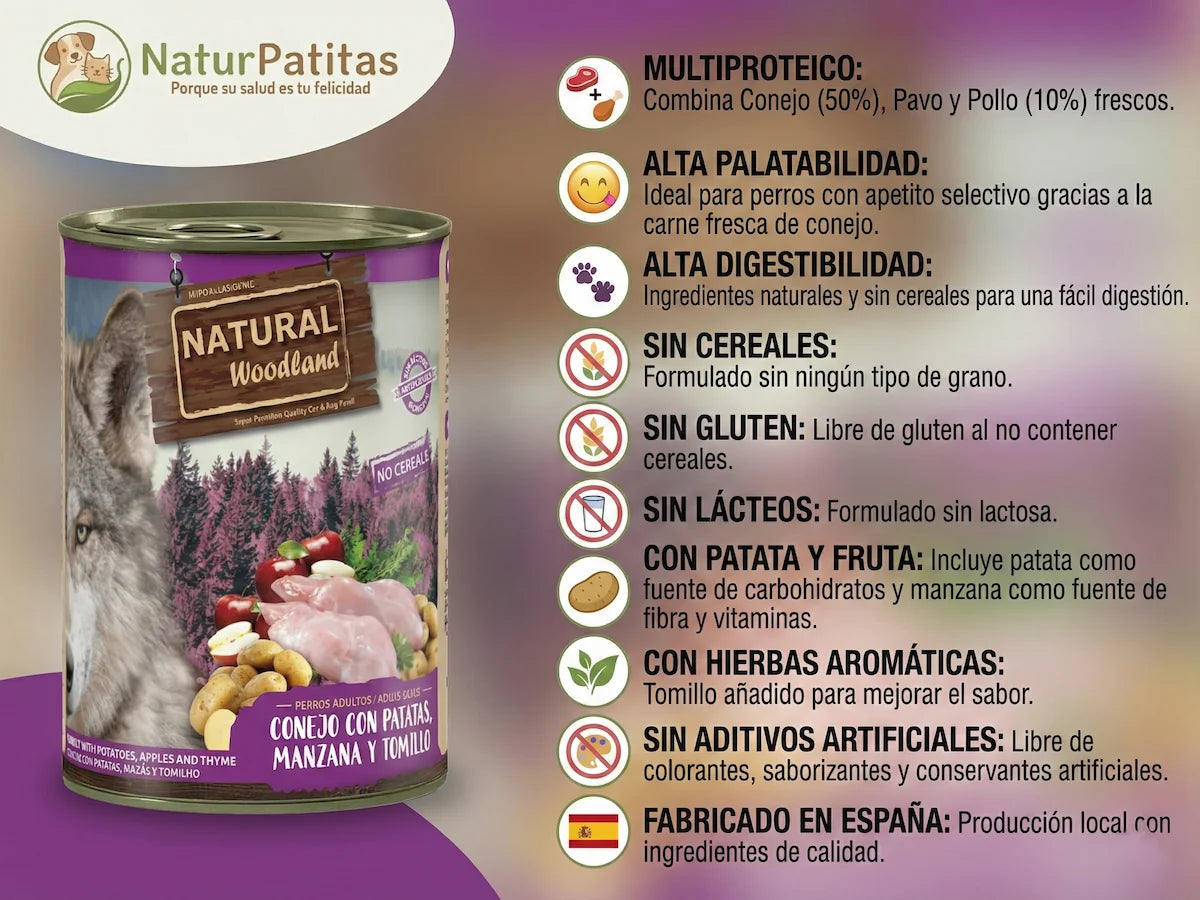 Paté completo de Conejo fresco con Manzana y Tomillo para Perro sin cereales