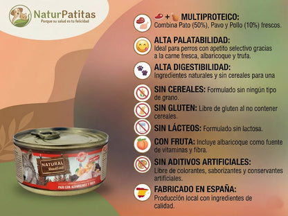 Paté completo de Pato fresco con Albaricoque y Trufa para Perro sin cereales