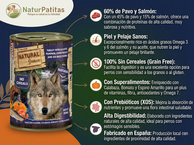 Paté Completo de Pavo y Salmón "SIN CEREALES + DIGESTIVO & PIEL SANA" para Perro Adulto/Senior cualquier tamaño