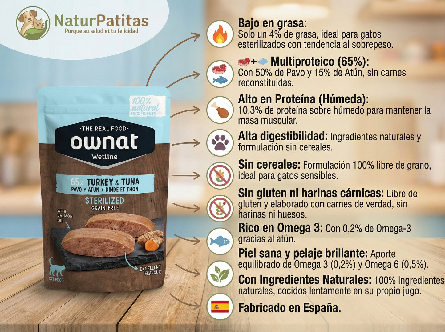 Paté de Pavo y Atún "SIN CEREALES + CONTROL DE PESO & PIEL SANA Y PELO BRILLANTE" para Gato Adulto Esterilizado