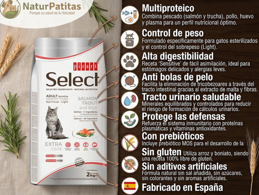 Pienso Seco de Salmón, Trucha y Arroz BAJO EN CEREALES + CONTROL DE PESO y CUIDADO URINARIO para Gato Adulto/Senior (Esterilizados)