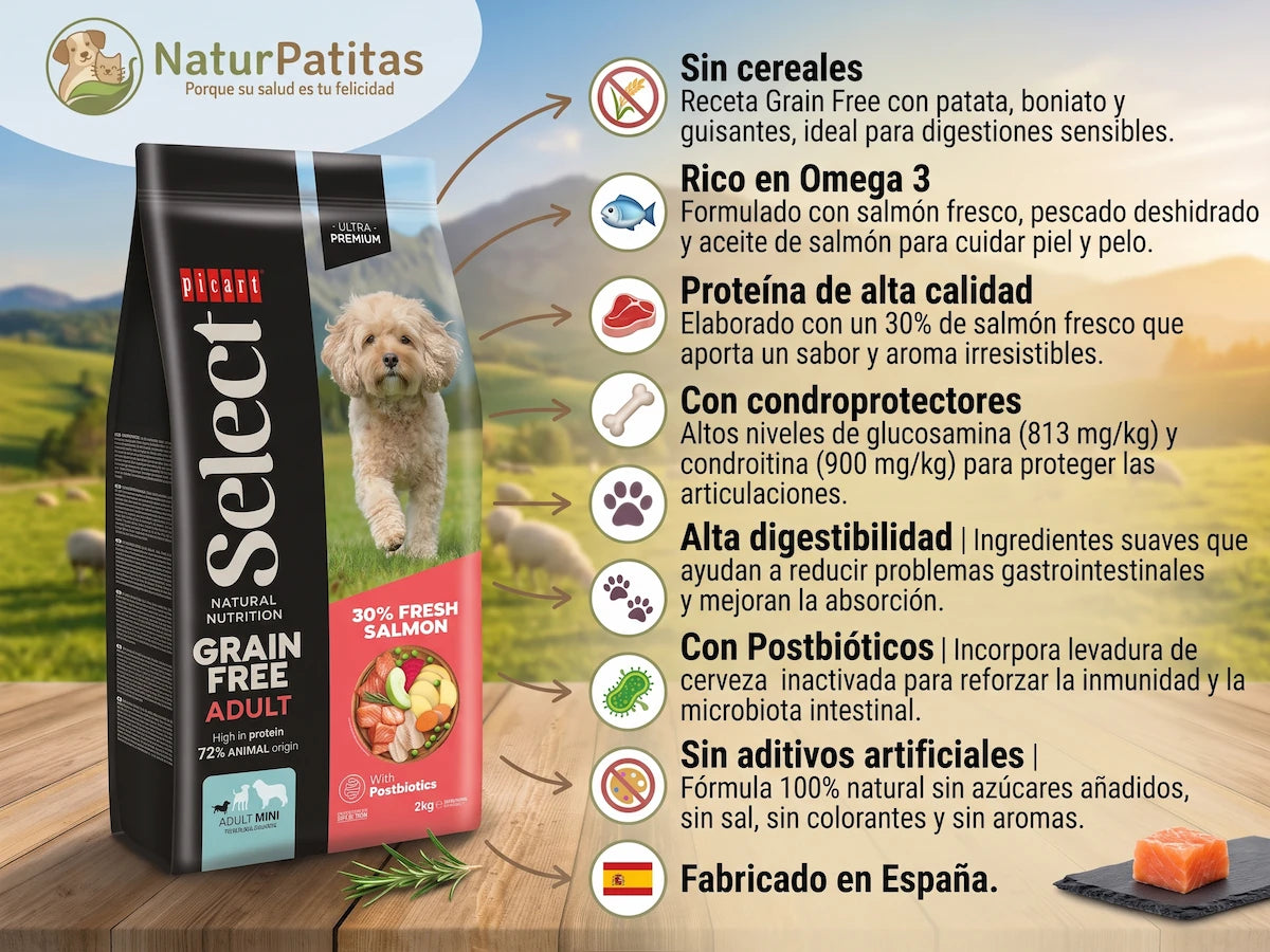 Pienso de Salmón Fresco SIN CEREALES + CUIDADO DÉRMICO y PROTECCIÓN ARTICULAR para Perro Junior/Adulto/Senior Tamaño Mini/Pequeño (también Esterilizados)