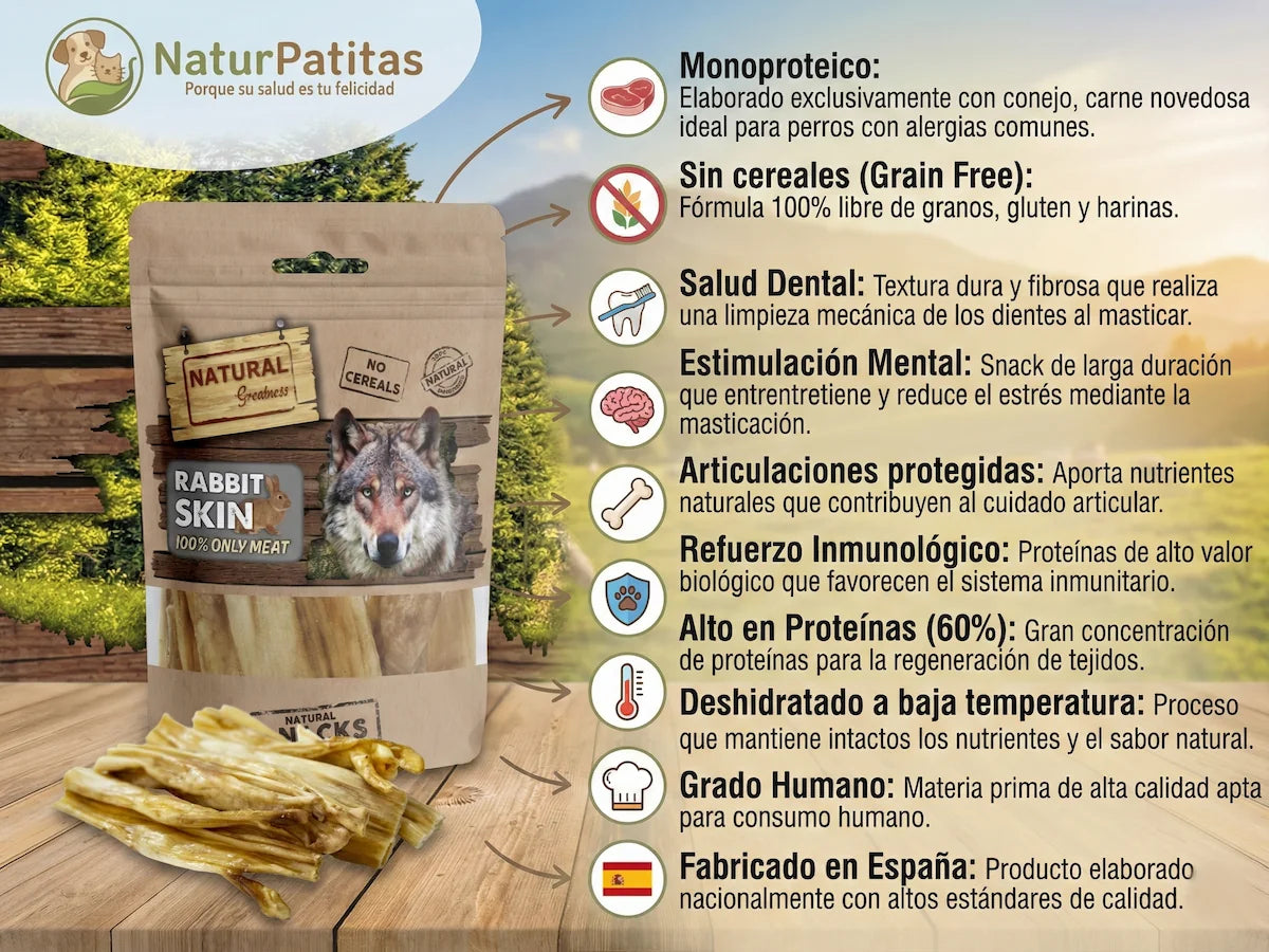 Beneficios del snack Piel de Conejo Natural Greatness: monoproteico hipoalergénico, limpieza dental y estimulación mental para perros - NaturPatitas
