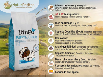 Saco de pienso completo de Pollo y Pescado para Cachorro y Junior con DHA para el crecimiento