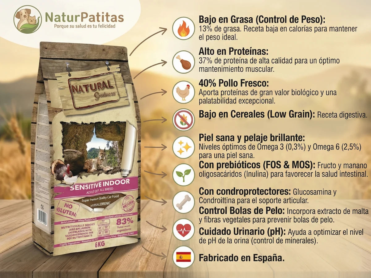 Pienso natural con 40% Pollo fresco y malta para Gato de interior y esterilizado