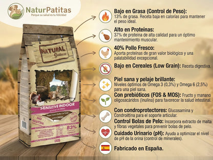 Pienso natural con 40% Pollo fresco y malta para Gato de interior y esterilizado