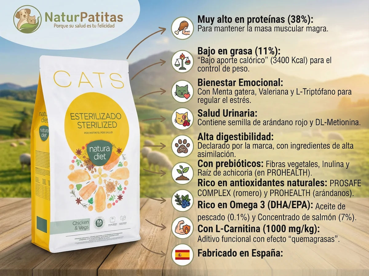 Saco de pienso completo de Pollo y Salmón para Gato esterilizado bajo en grasa y calorías