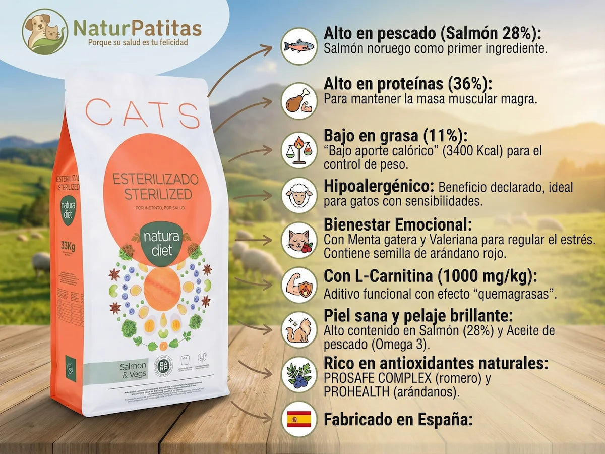 Saco de pienso completo de Salmón Noruego para Gato esterilizado hipoalergénico y bajo en grasa