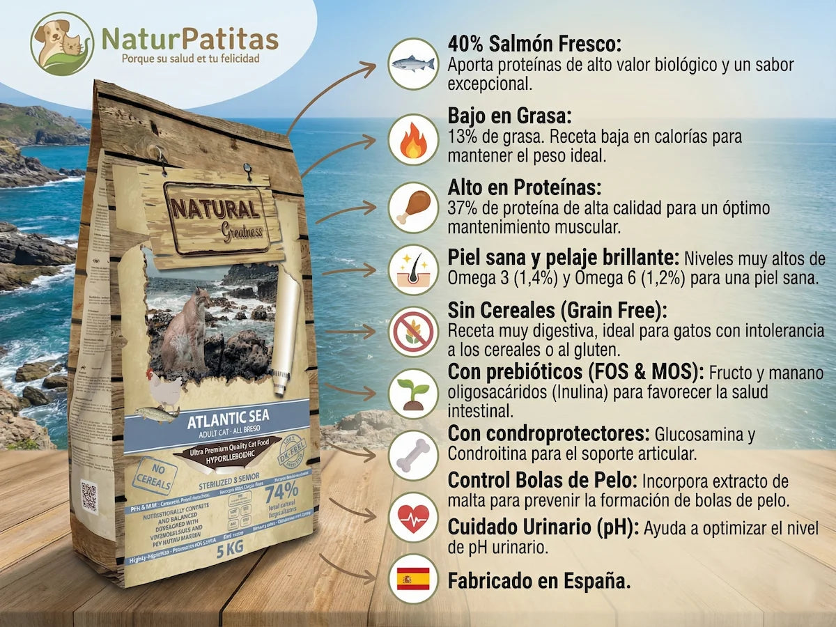 Pienso con 40% Salmón fresco y Pollo para Gato adulto y esterilizado sin cereales