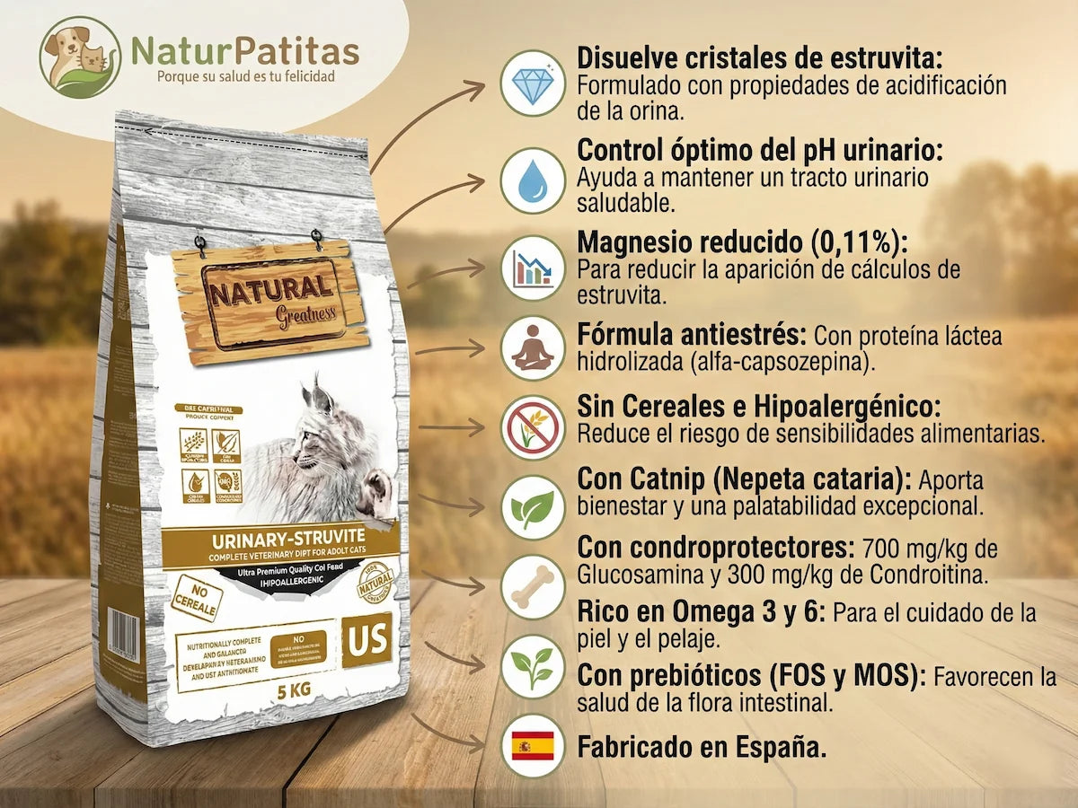 Pienso veterinario urinario para estruvita con 30% Pollo fresco para Gato con efecto antiestrés