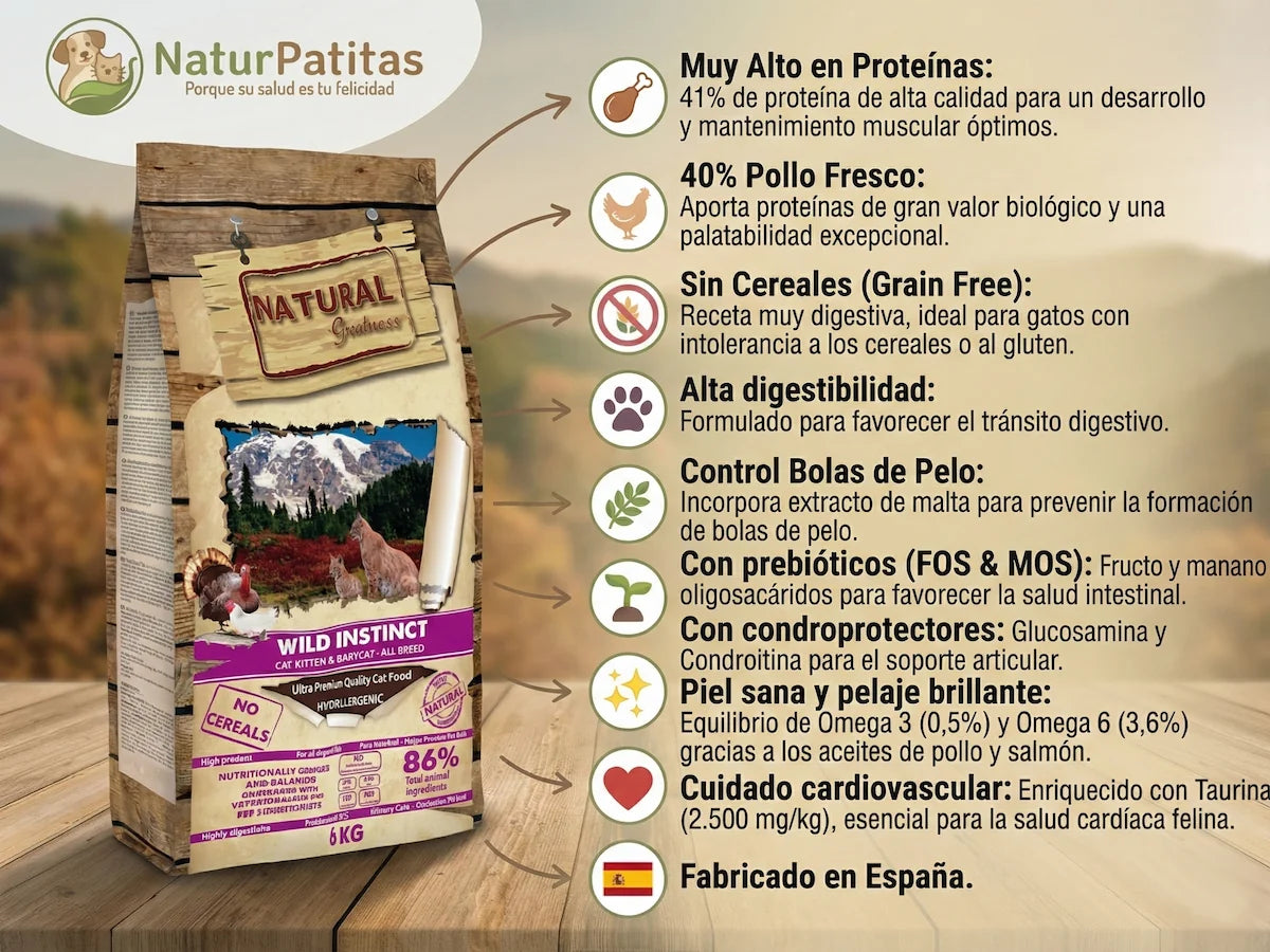 Pienso natural con 40% pollo fresco y sin cereales para gato y gatito