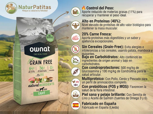 Saco de pienso Ownat Just Grain Free Light con pollo fresco para perros con sobrepeso o esterilizados