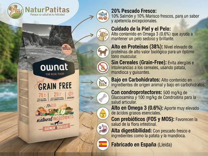 Saco de pienso natural Ownat Just Grain Free sabor Salmón y Marisco con 38% de proteína para perros