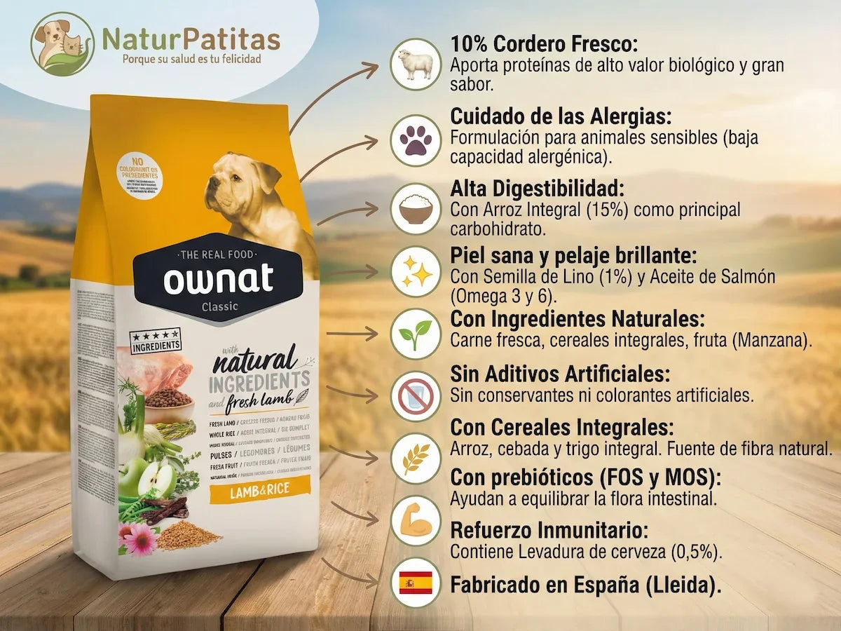 Pienso natural con 10% cordero fresco y arroz para perro adulto con sensibilidad digestiva