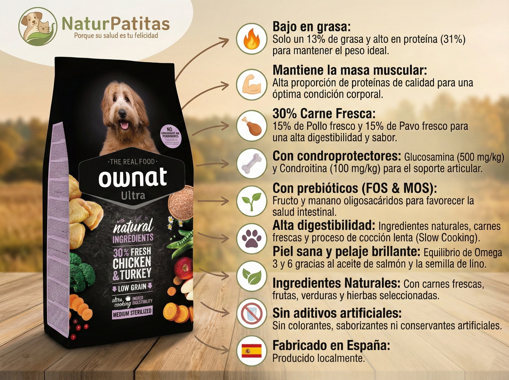 Pienso para perro esterilizado de raza mediana con 30% de carne fresca de pollo y pavo