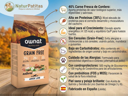 Pienso natural sin cereales con 40% cordero fresco para perro cachorro y junior