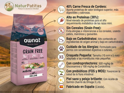 Pienso natural sin cereales con 40% cordero fresco para perro de raza pequeña