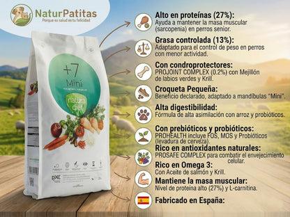 Saco de pienso completo de Pollo y Arroz para Perro Senior de raza pequeña con croqueta adaptada