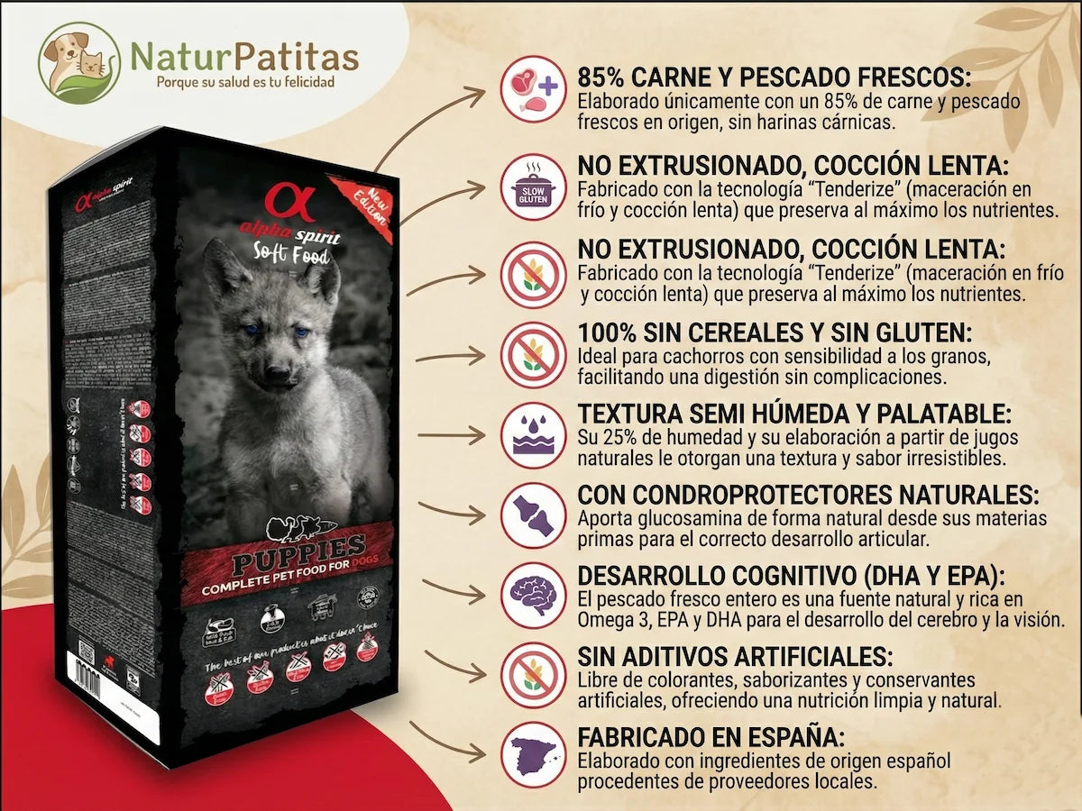 Saco de pienso semihúmedo de Pavo y Pescado fresco para Perro cachorro con textura tierna