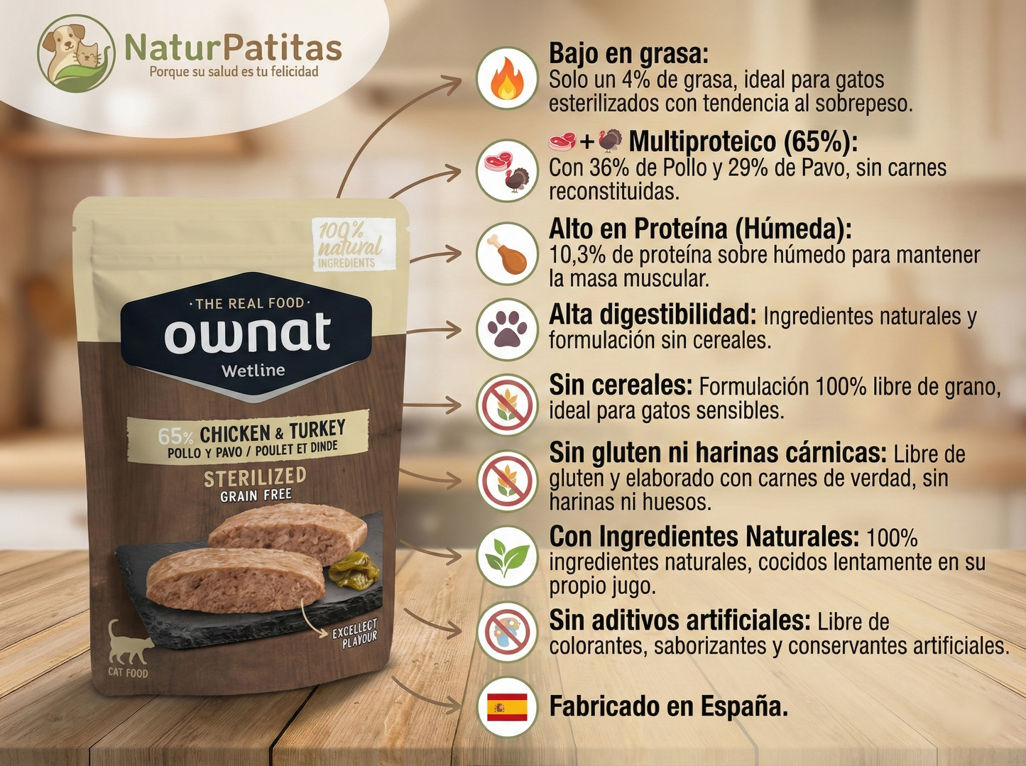 Paté de pollo y pavo "SIN CEREALES + CONTROL DE PESO & REFUERZO INMUNITARIO" para Gato Adulto Esterilizado