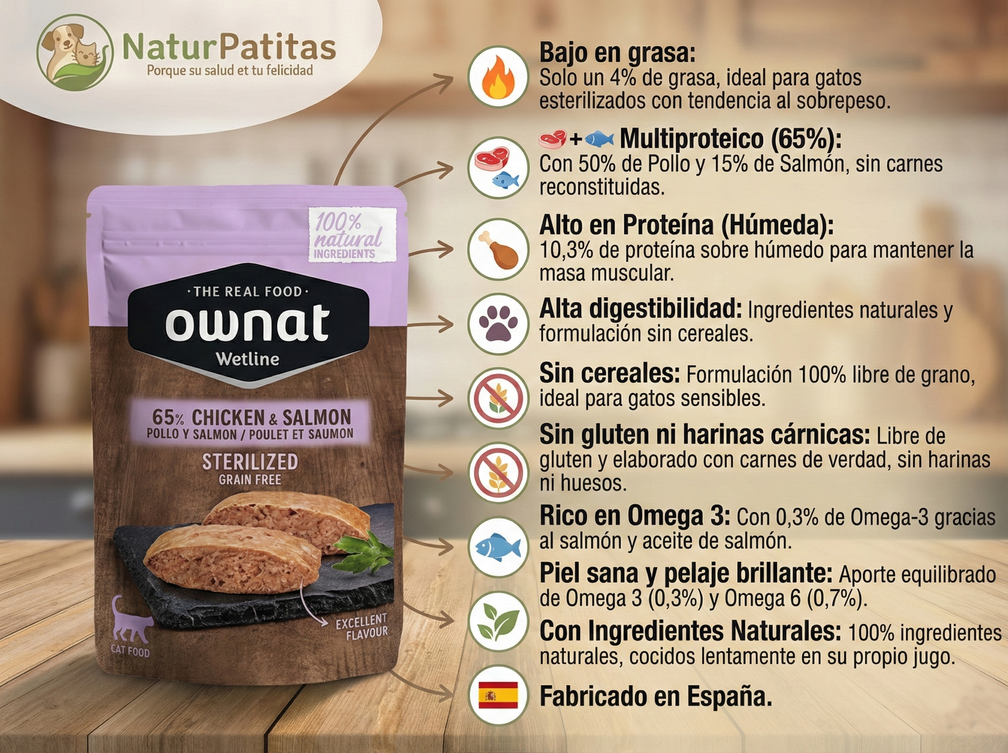 Paté de Pollo y Salmón "SIN CEREALES + CONTROL DE PESO & PIEL SANA Y PELO BRILLANTE" para Gato Adulto Esterilizado