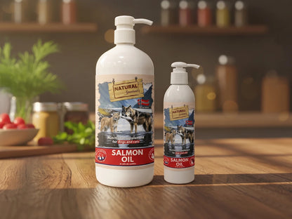 Primer plano centrado del envase de aceite de salmón escocés Natural Greatness para mascotas. Se pueden leer claramente los textos principales: Natural Greatness The Real Food, Salmon Oil, HIGH OMEGA 3 & 6, IRRESISTIBLE TASTE, HEALTHY HAIR & SKIN e IMMUNE SYSTEM PROTECTION.