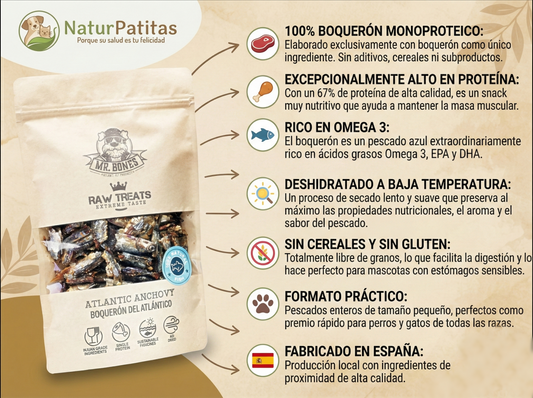 Snack Complementario Funcional Deshidratado de Boquerón "SIN CEREALES + MASA MUSCULAR + CUIDADO CARDIOVASCULAR" para Perro & Gato