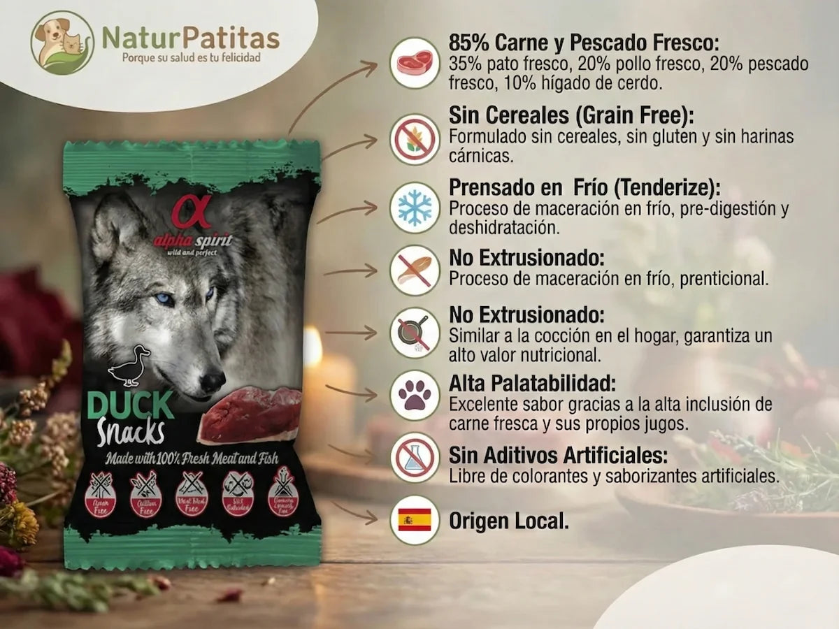 Snack semi húmedo de Pato fresco, Pollo y Pescado para Perro con 85% carne