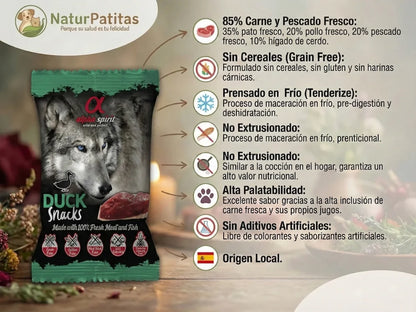 Snack semi húmedo de Pato fresco, Pollo y Pescado para Perro con 85% carne