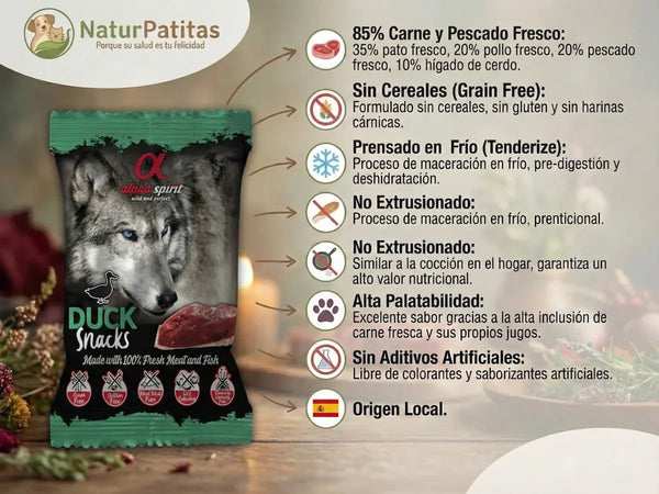 Snack Funcional Complementario de Pato, Pollo, Pescado e Hígado de Cerdo SIN CEREALES + DIGESTIÓN ÓPTIMA y VITALIDAD para Perro cualquier edad (también Esterilizado) y tamaño