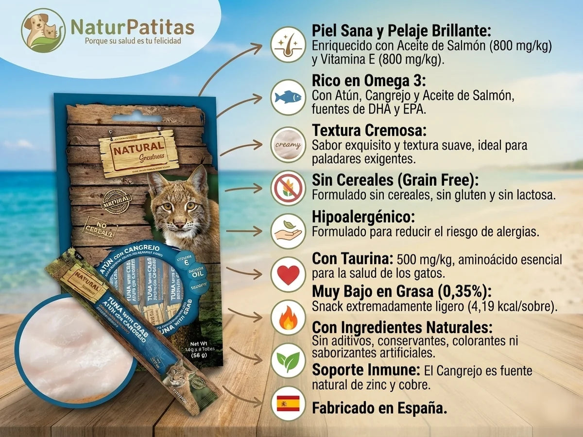 Snack cremoso de Atún y Cangrejo para Gato con aceite de salmón para el pelaje