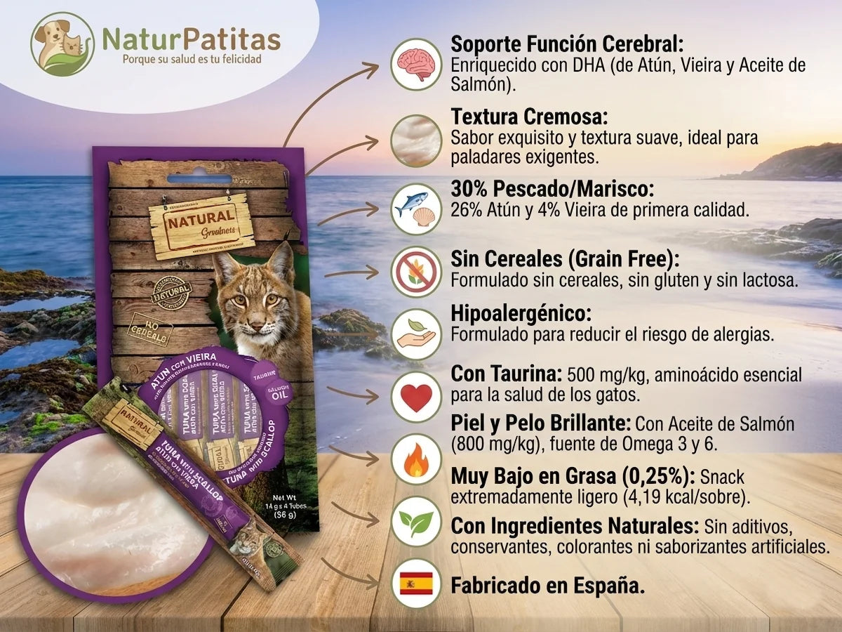 Snack cremoso de Atún y Vieira para Gato con DHA para el desarrollo cerebral