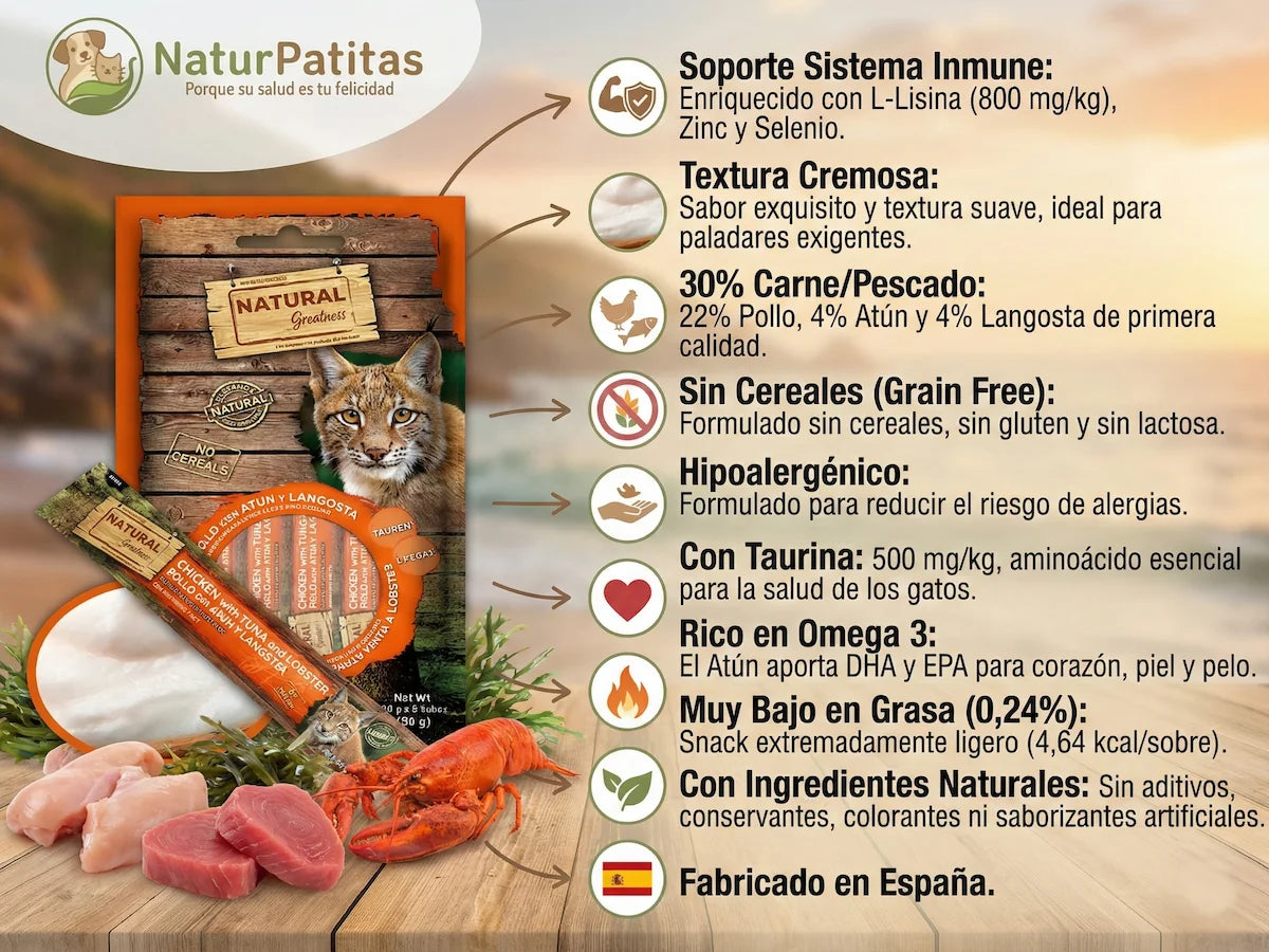 Snack cremoso de Pollo con Atún y Langosta para Gato rico en Omega 3 y minerales