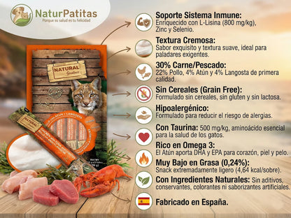 Snack cremoso de Pollo con Atún y Langosta para Gato rico en Omega 3 y minerales