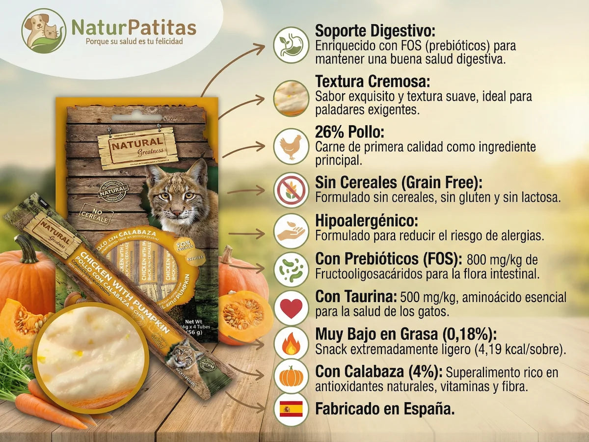 Snack cremoso de Pollo y Calabaza para Gato con prebióticos para la digestión