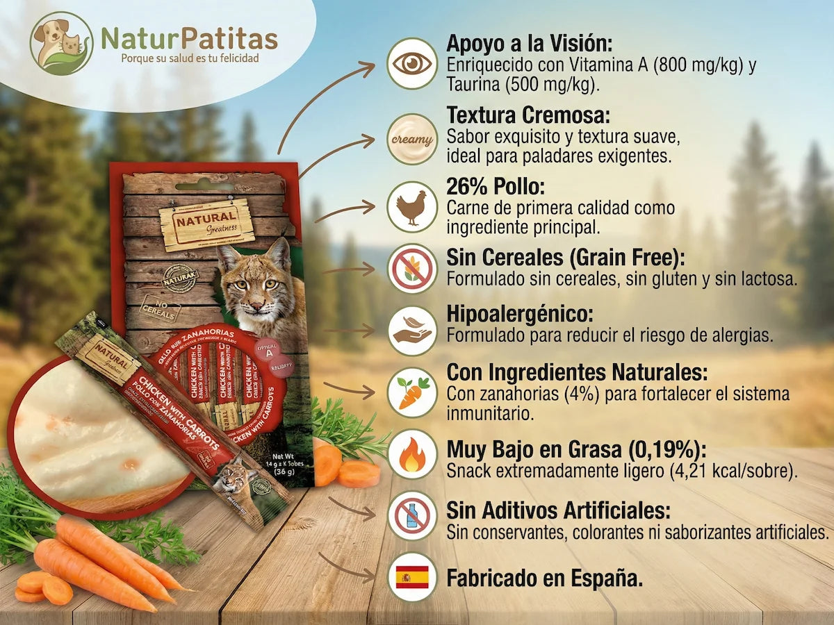 Snack cremoso de Pollo con Zanahorias para Gato bajo en grasa y sin cereales